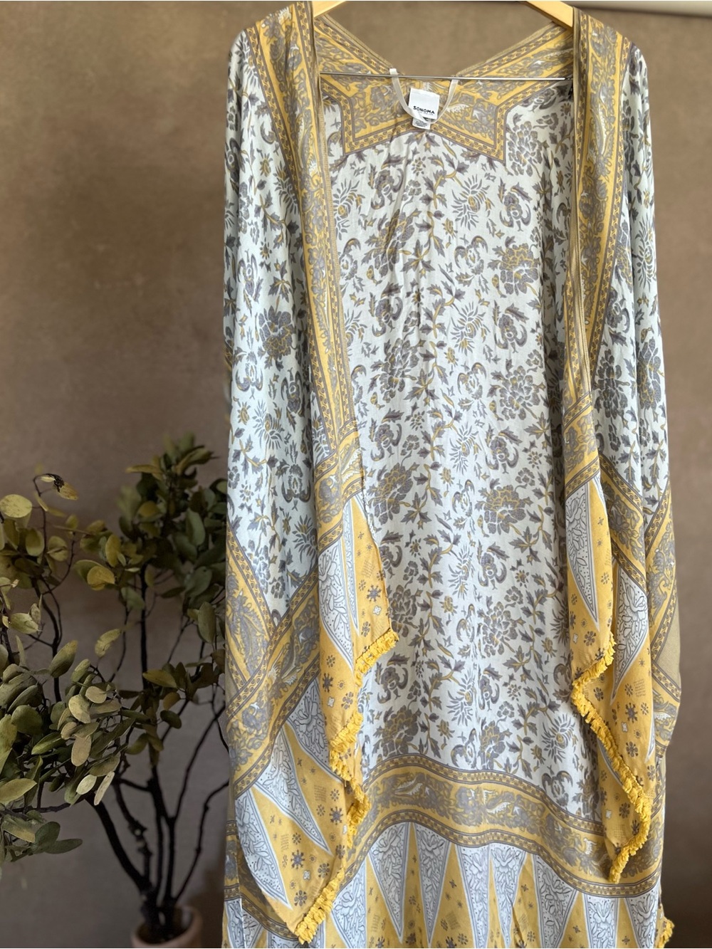 Lightweight Floral Kaftan Kimono Style Cover Up in Yellow and Tan